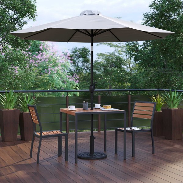 Flash Furniture Faux Teak 35" Table-Gray Umbrella-Base-2 Chairs XU-DG-810060362-UB19BGY-GG